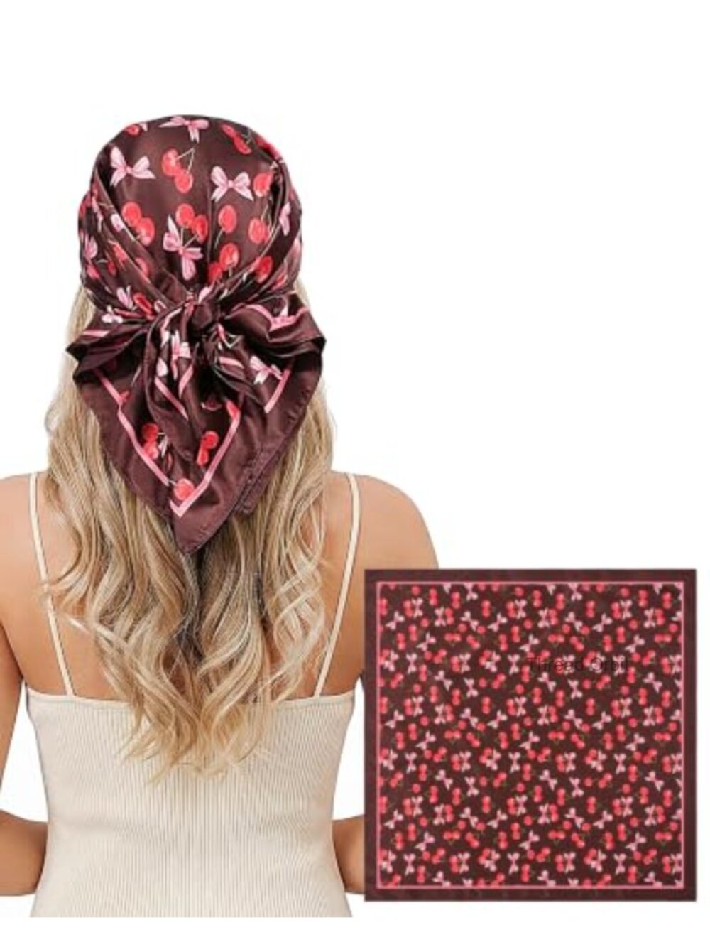 Cherry Print Satin Bandana Scarf 27.5in Silk Like Square Hair Wrap